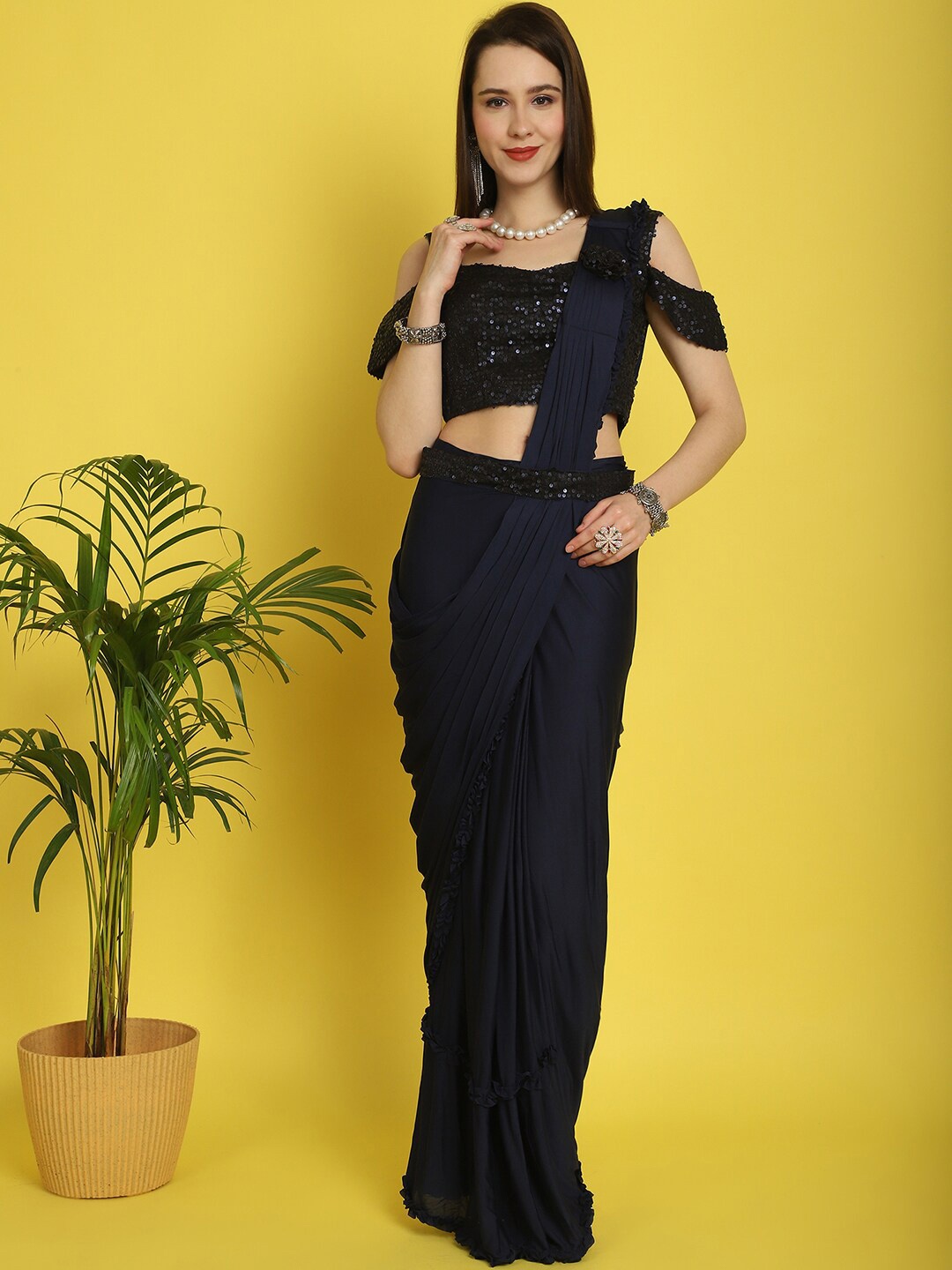 

Grancy Sequinned Detailed Ready to Wear Saree, Navy blue