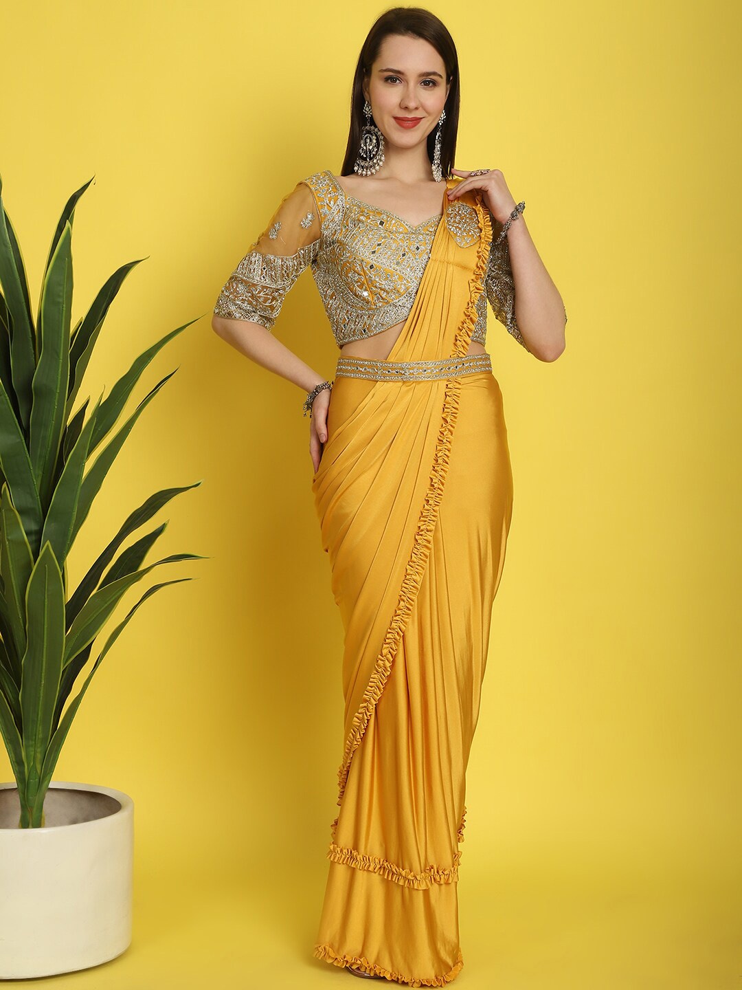 

Grancy Sequinned Detailed Ready to Wear Saree, Mustard