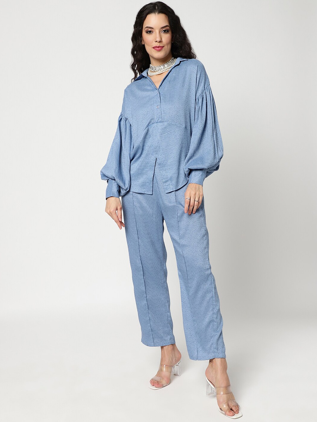 

Pannkh Sequins Embellished Shirt With Trousers Co-Ords, Blue