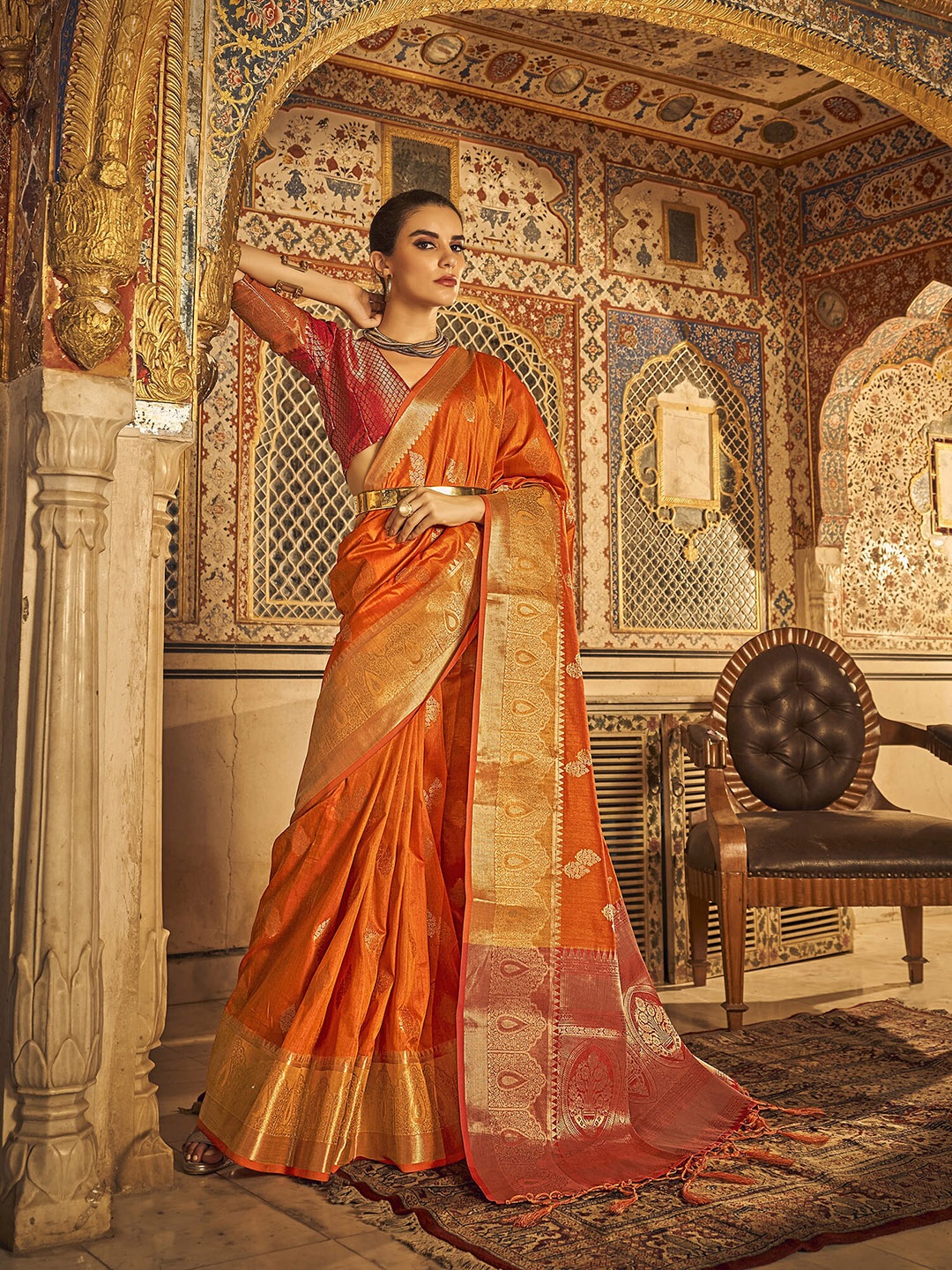 

elora Ethnic Motifs Woven Design Zari Kanjeevaram Saree, Orange