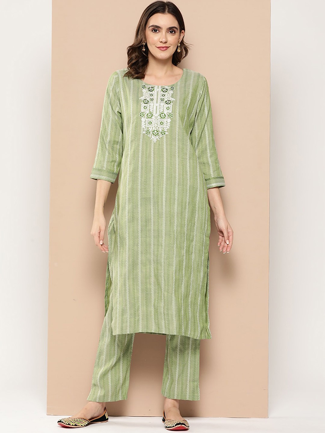

ODETTE Striped Thread Work Straight Kurta with Trousers, Green