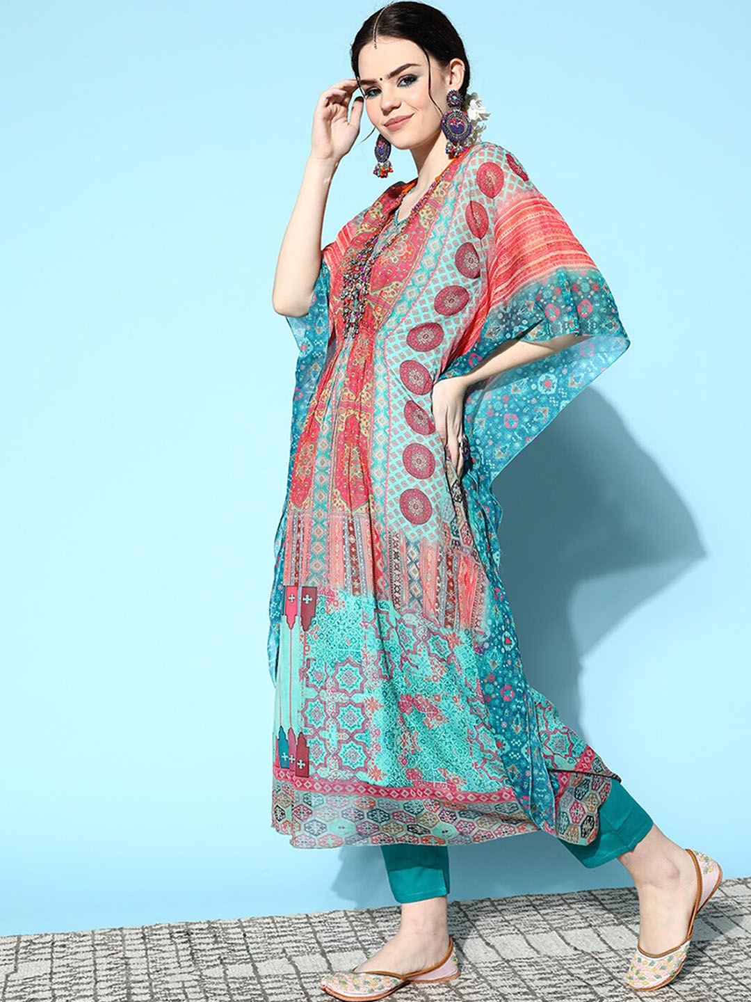 

ODETTE Ethnic Motifs Printed V-Neck Beads & Stones Fusion Kaftan Kurta with Trousers, Sea green