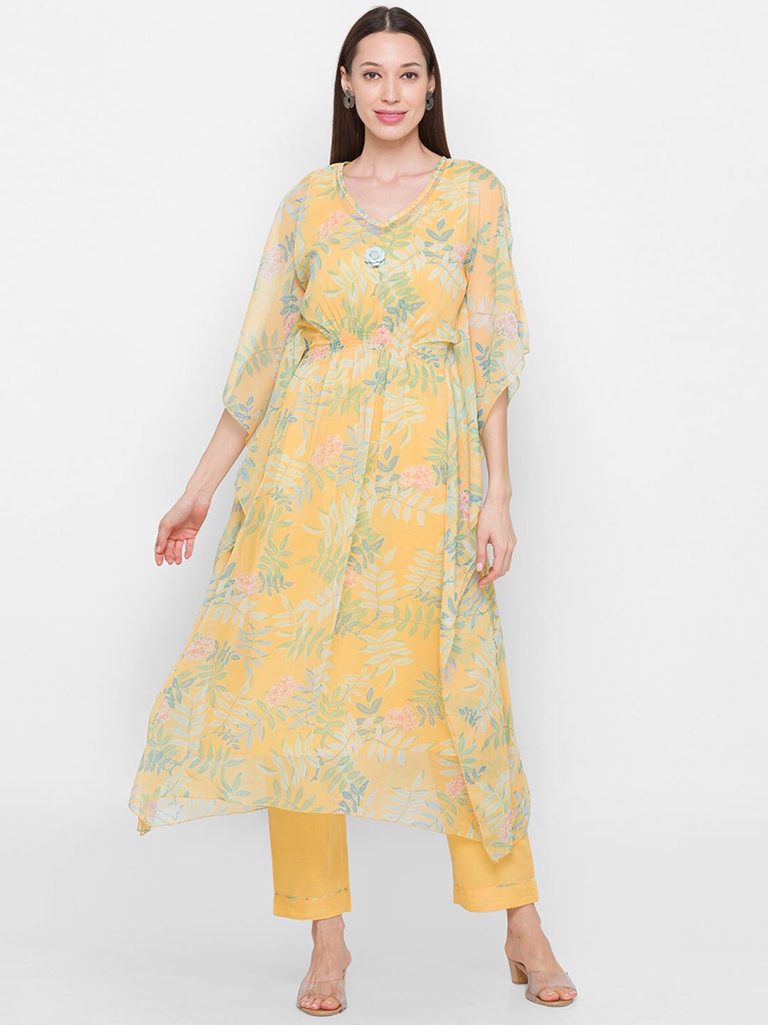 

ODETTE Floral Printed Kurta With Trousers, Yellow