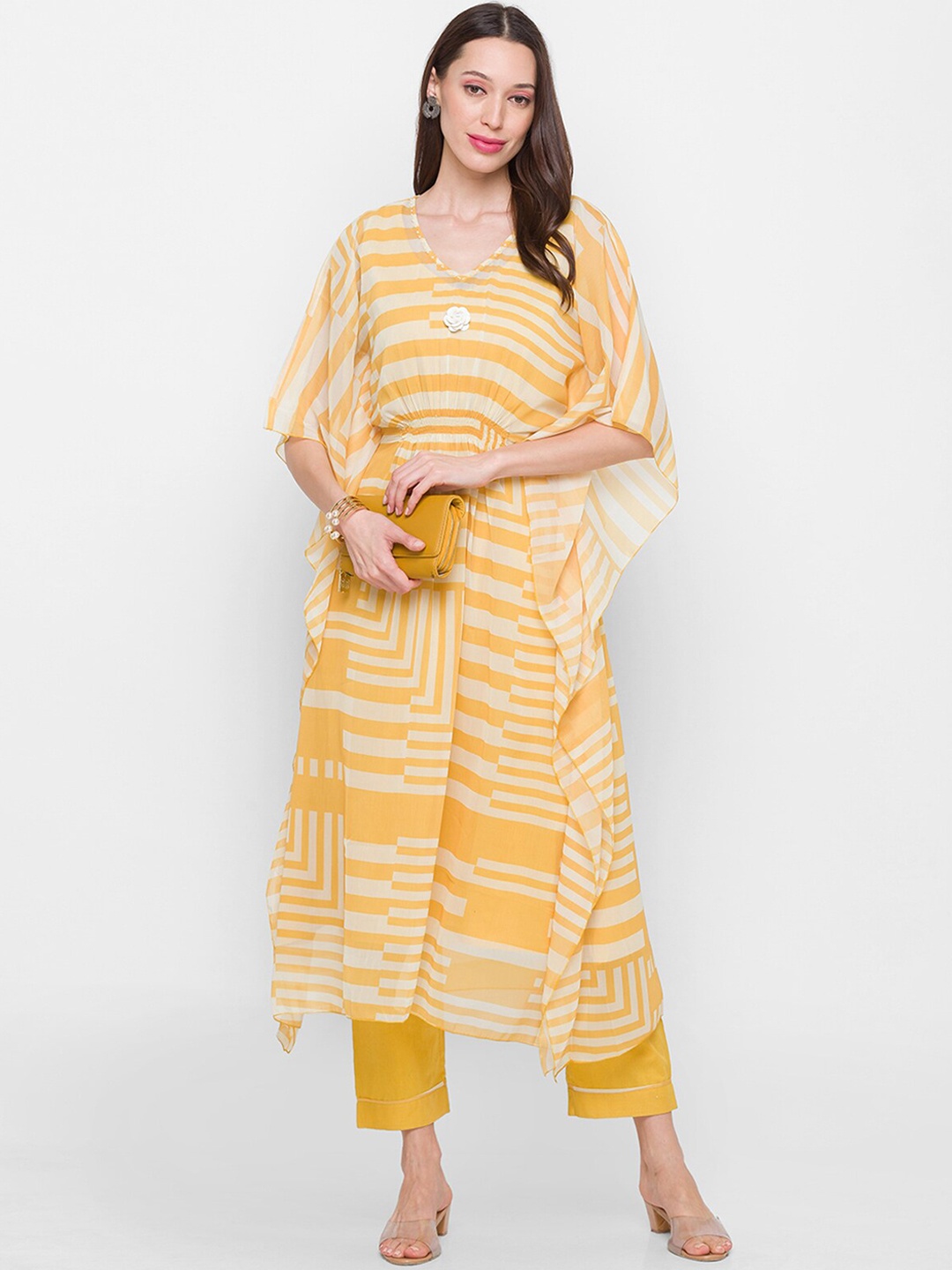 

ODETTE Striped Flared Sleeves Regular Kaftan Kurta with Trousers, Mustard