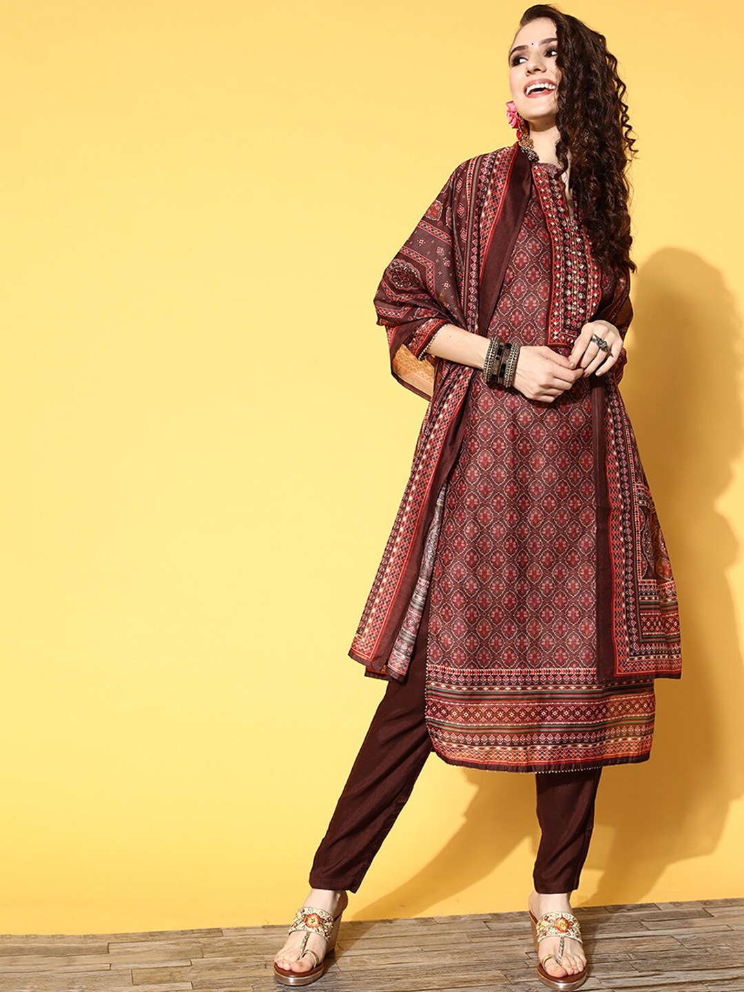 

ODETTE Ethnic Motifs Printed Thread Work Straight Kurta & Trousers With Dupatta, Brown