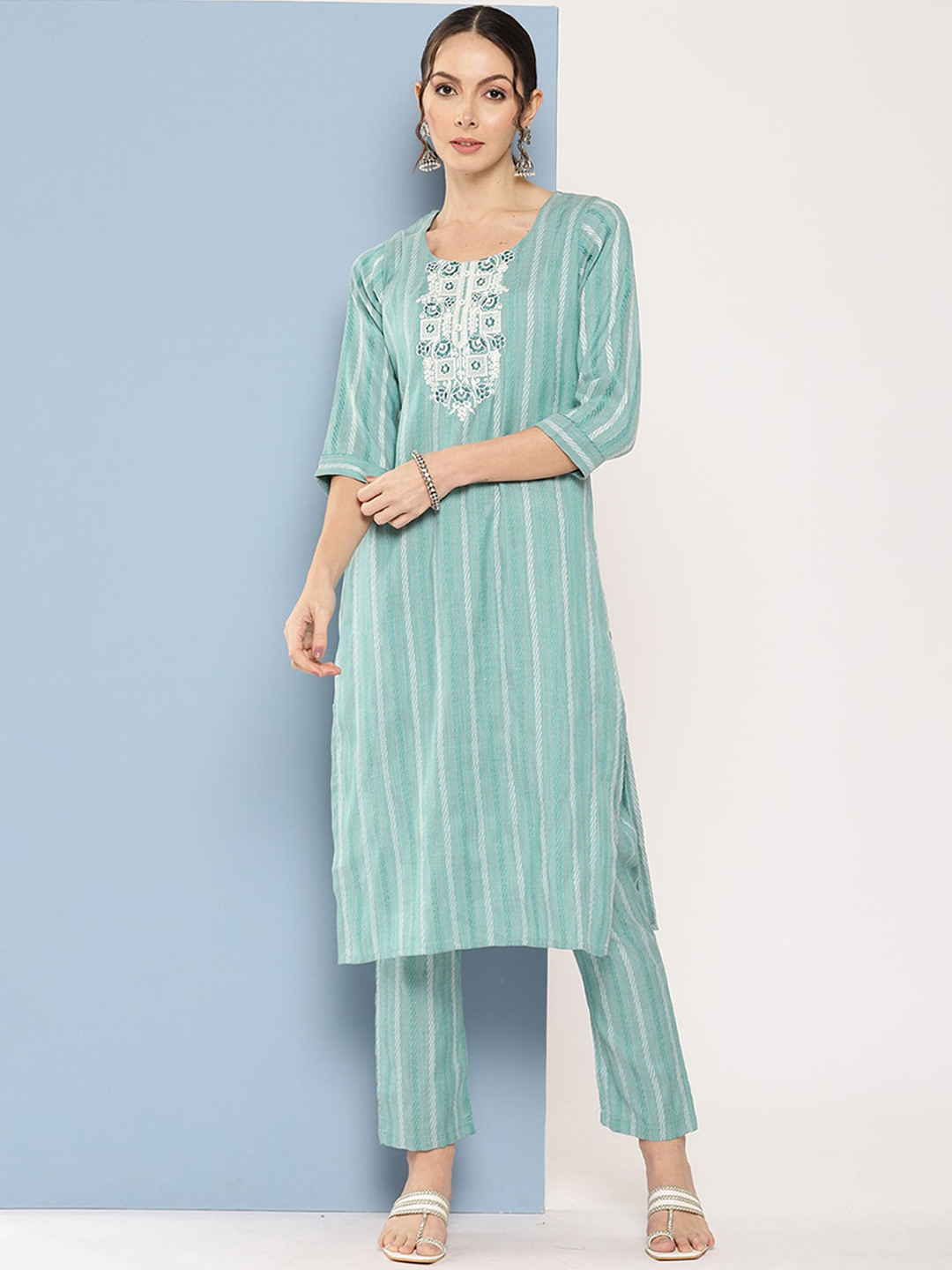 

ODETTE Striped Embroidered Kurta With Trouser, Teal