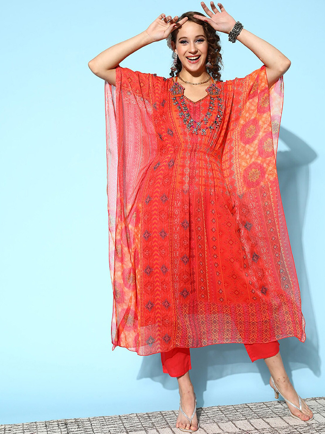 

ODETTE Ethnic Printed Flared Sleeves Regular Kaftan Kurta with Trousers, Orange