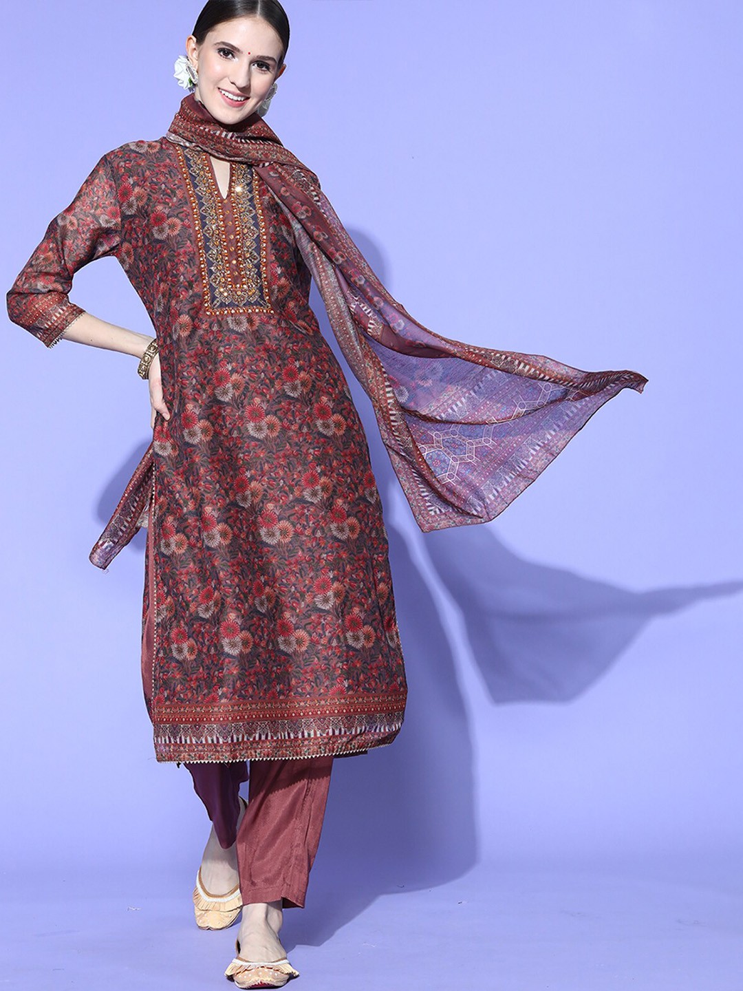 

ODETTE Floral Printed Regular Mirror Work Chanderi Silk Kurta With Trousers & Dupatta, Brown