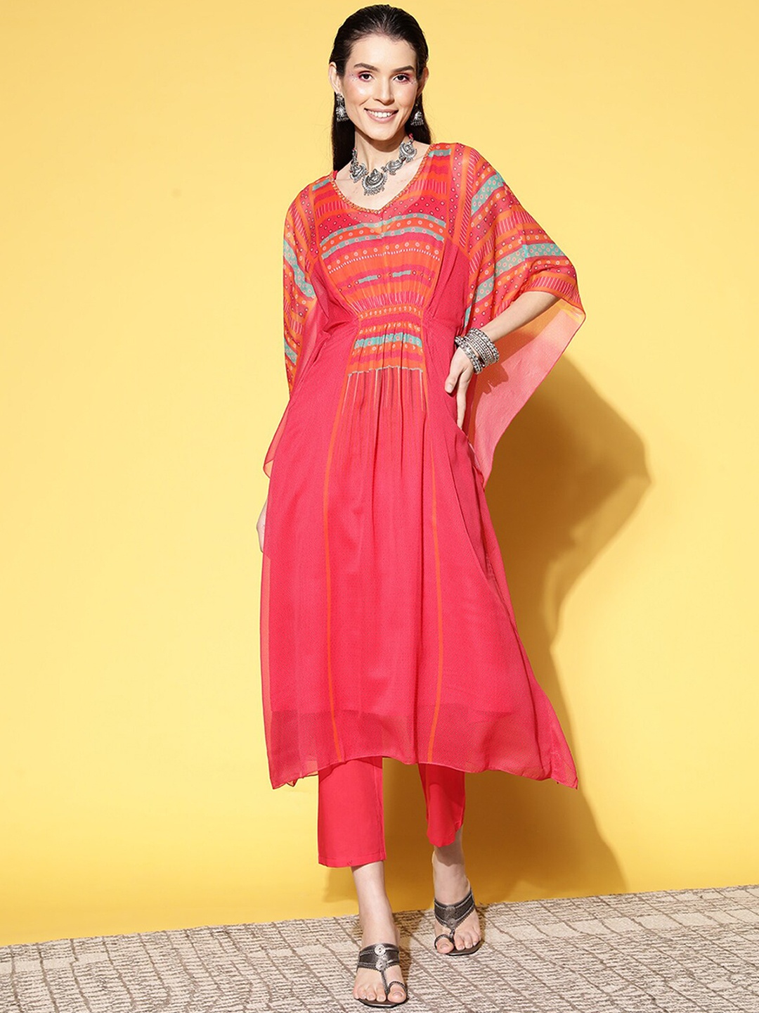 

ODETTE Geometric Printed Kaftan Kurta With Trousers, Pink