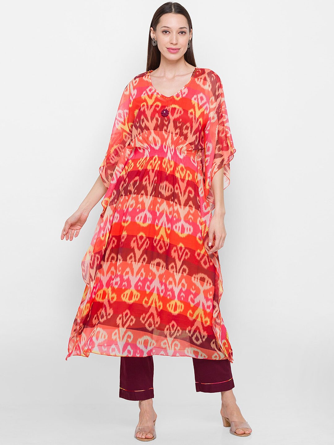 

ODETTE Ethnic Motifs Printed V-Neck Fusion Kaftan Kurta with Trousers, Peach