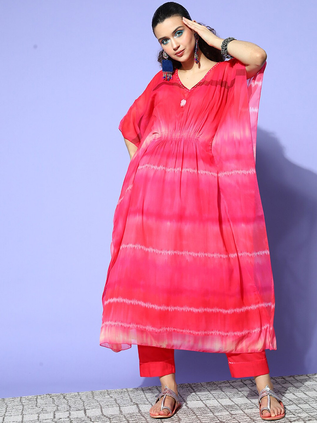 

ODETTE Tie & Dye Dyed V-Neck Beads & Stones Fusion Kaftan Kurta with Trousers, Pink