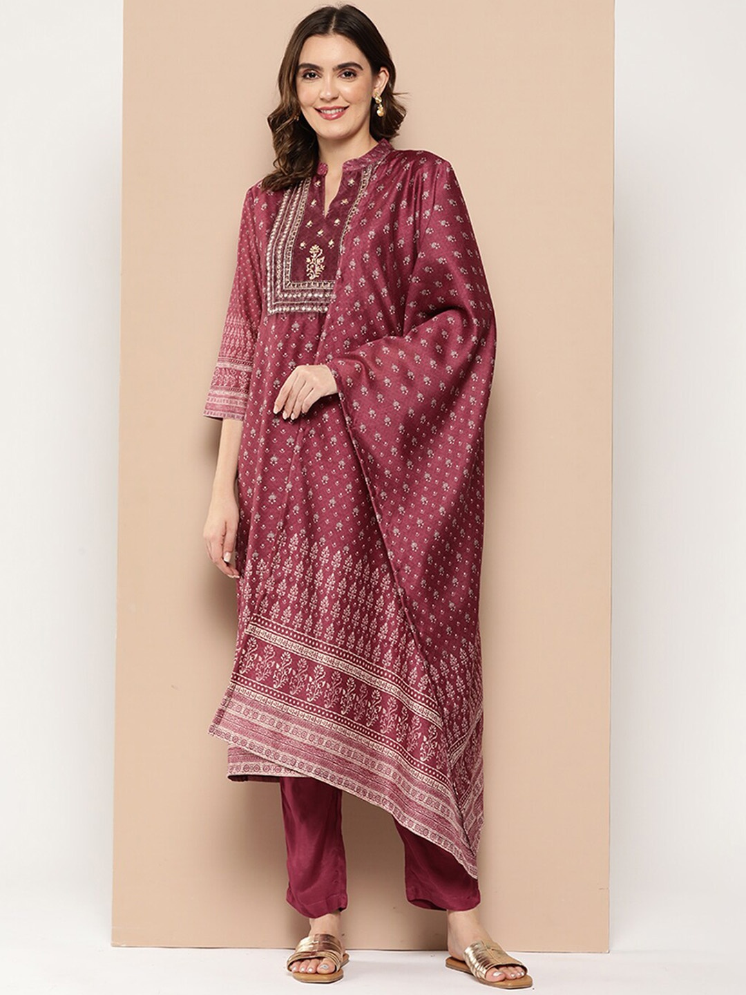 

ODETTE Ethnic Motifs Printed Thread Work Straight Kurta & Trousers With Dupatta, Burgundy