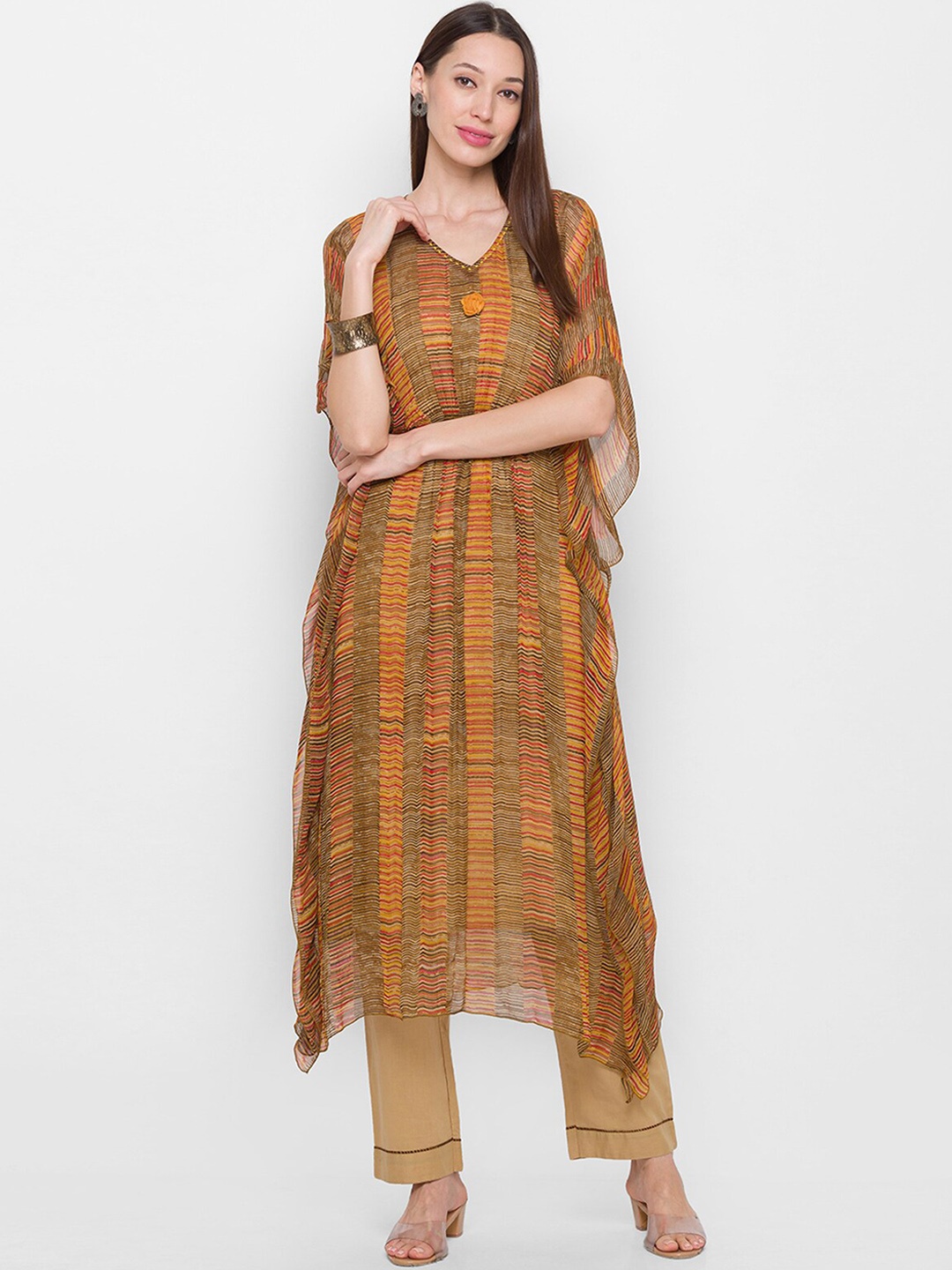 

ODETTE Striped V-Neck Kaftan Kurta With Trousers, Olive