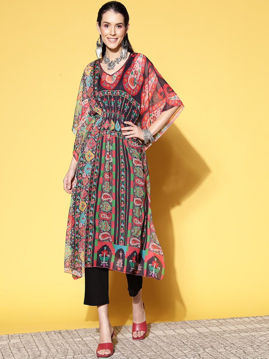 

ODETTE Ethnic Motifs Printed V-Neck Fusion Kaftan Kurta with Trousers, Black