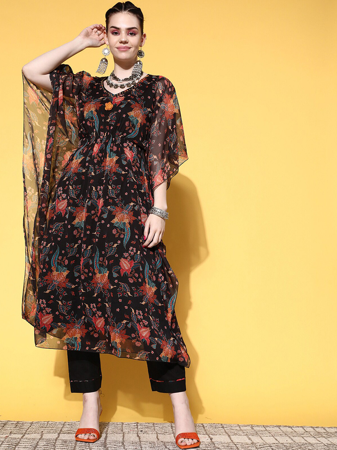 

ODETTE Floral Printed V-Neck Beads & Stones Georgette Fusion Kaftan Kurta with Trousers, Black
