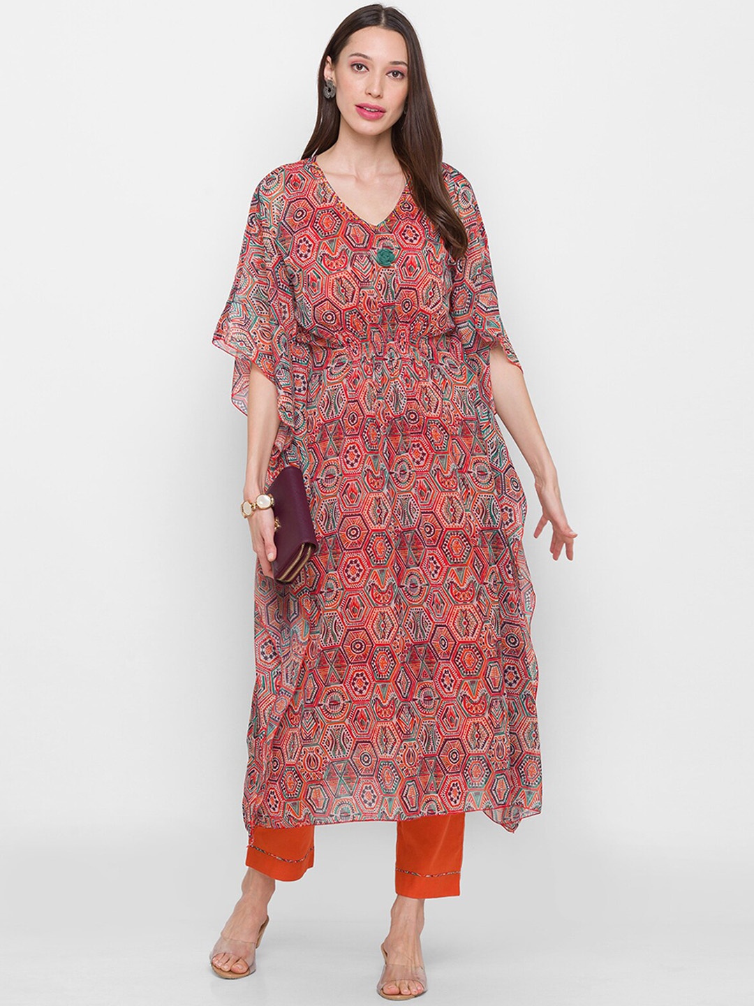 

ODETTE Geometric Printed V-Neck Georgette Fusion Kaftan Kurta with Trousers, Orange