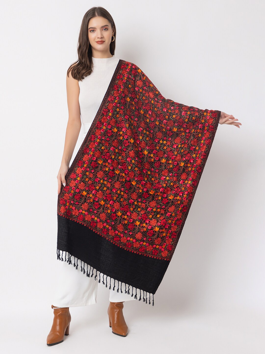 

CASMIR Women Floral Embroidered Thread Work Detailed Shawl, Black