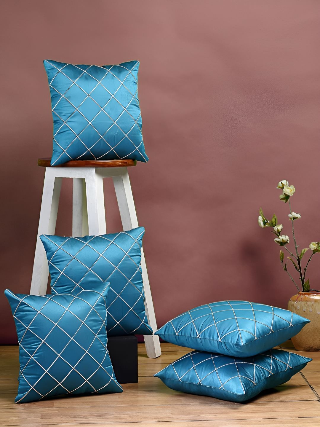 

Stuff N' Fluff Blue & Gold toned 5 Pcs Geometric Square Cushion Covers