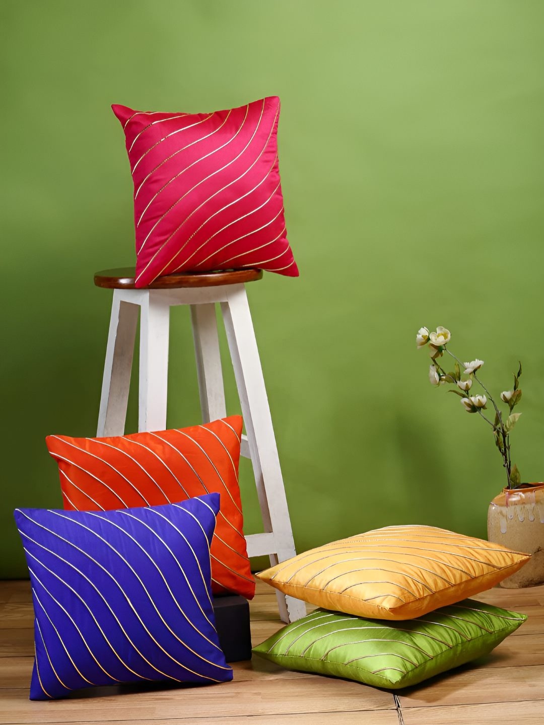 

Stuff N' Fluff Pink & Orange 5 Pieces Wave Striped Square Cushion Covers