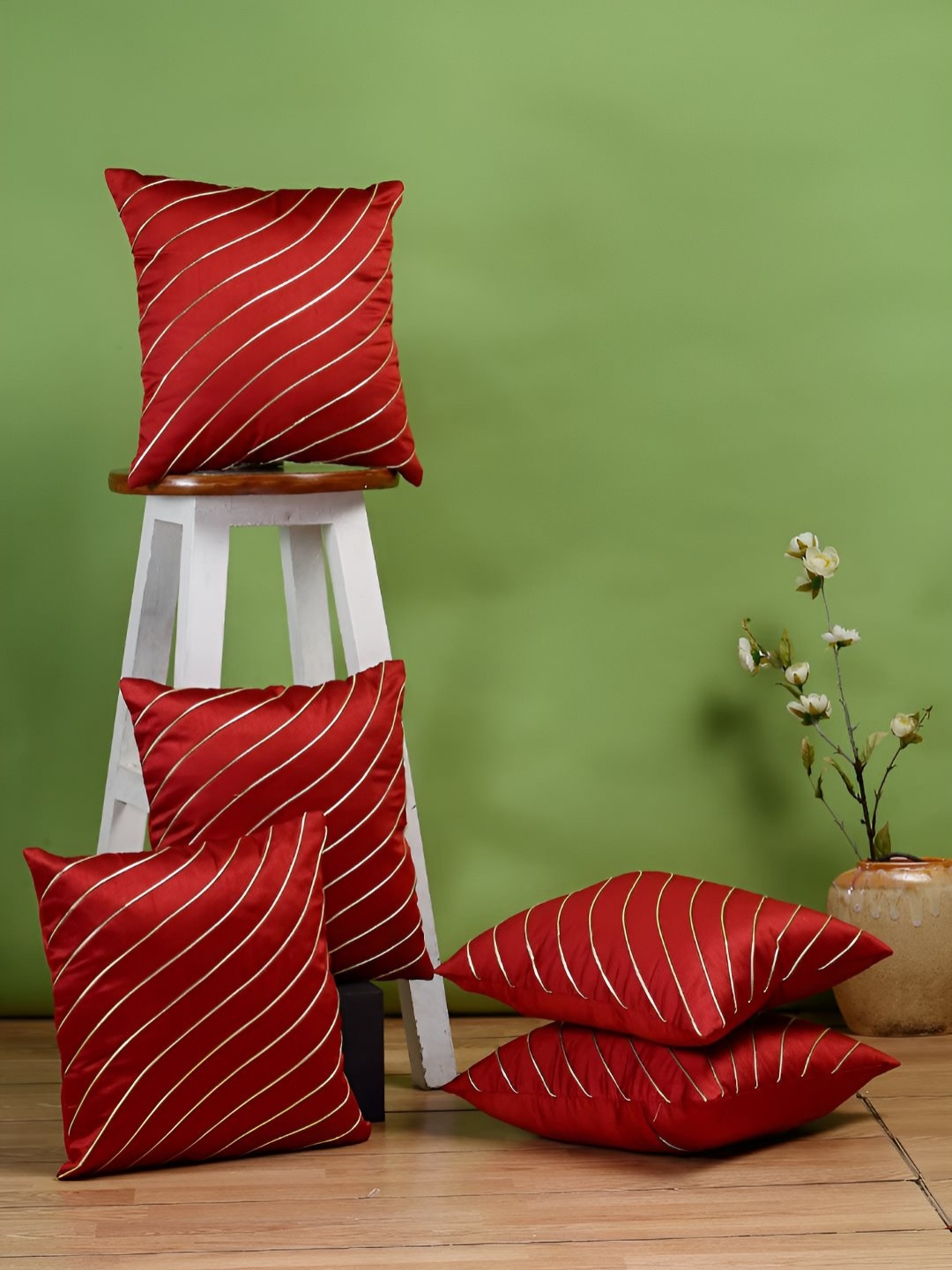 

Stuff N' Fluff Red & Beige 5 Pcs Striped Square Cushion Covers