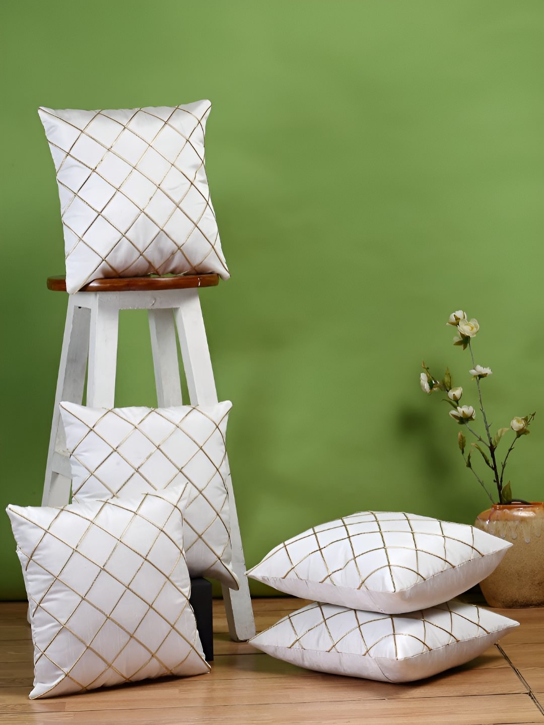 

Stuff N' Fluff White & Beige 5 Pcs Geometric Square Cushion Covers