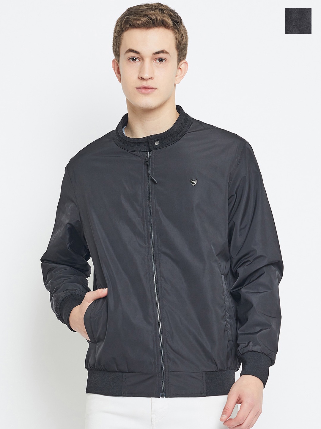 

Okane Mock Collar Corduroy Reversible Bomber Jacket, Black