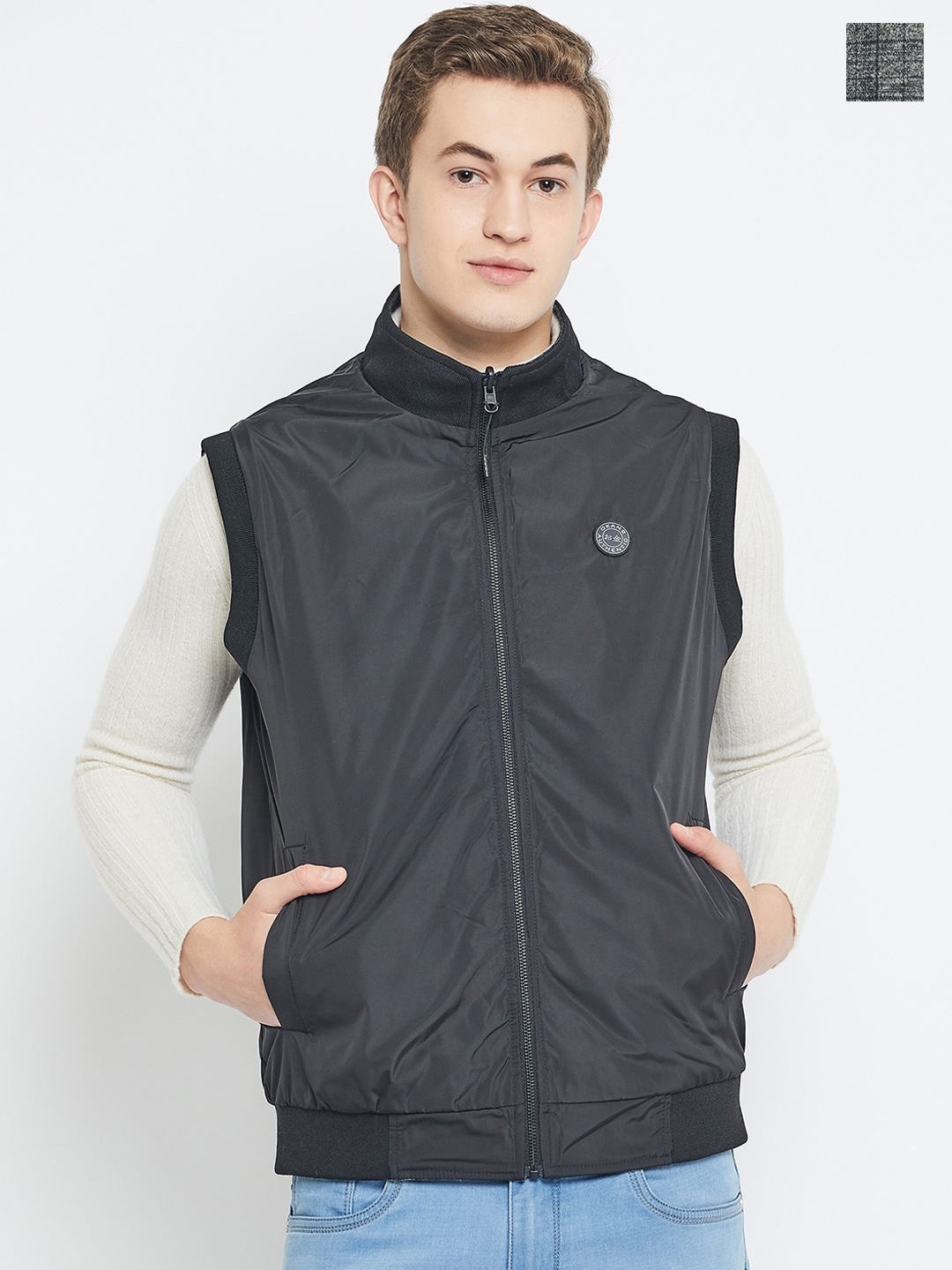 

Okane Mock Collar Checked Reversible Tweed Bomber Jacket, Black