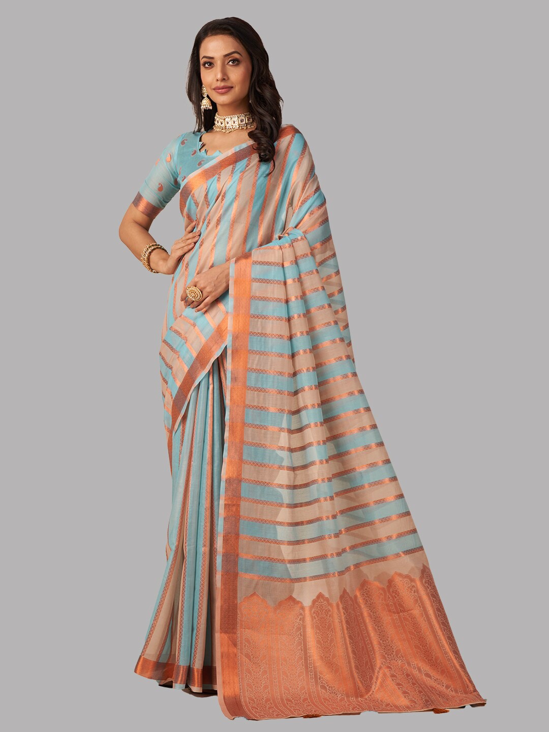 

Aura Striped Zari Pure Cotton Saree, Turquoise blue