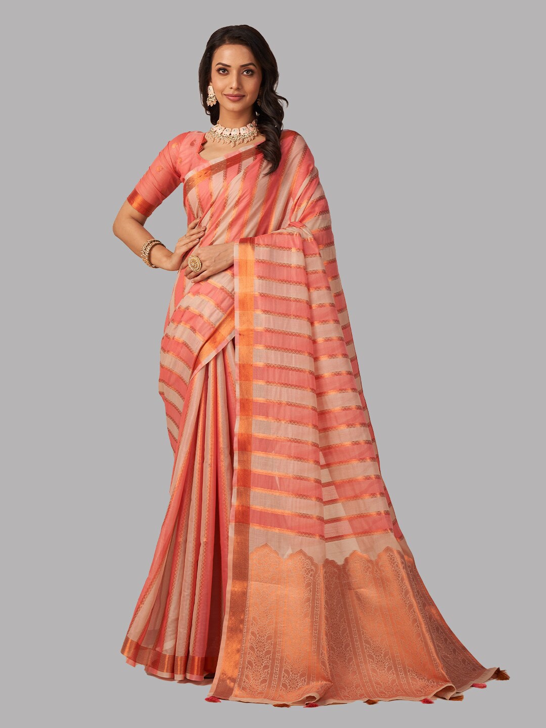 

Aura Striped Zari Pure Cotton Saree, Pink