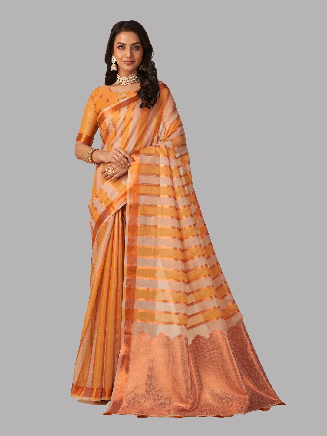 

Aura Striped Zari Pure Cotton Saree, Orange