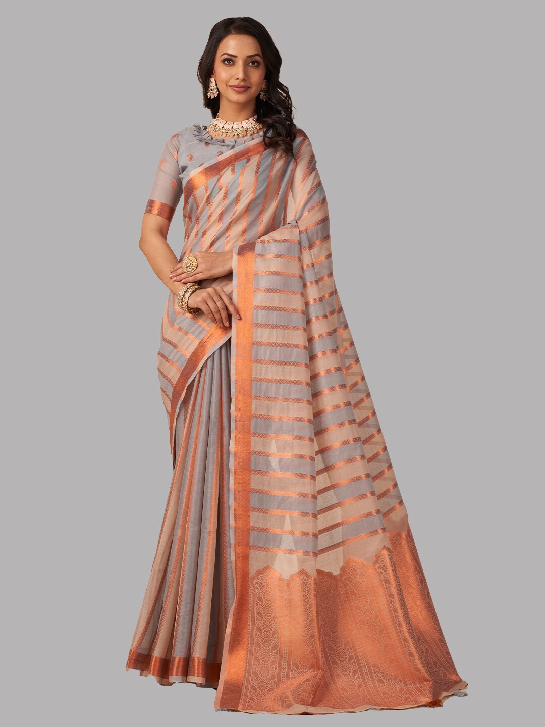 

Aura Striped Zari Pure Cotton Saree, Grey