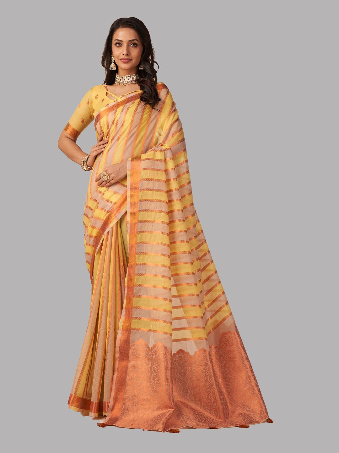 

Aura Striped Zari Pure Cotton Saree, Yellow