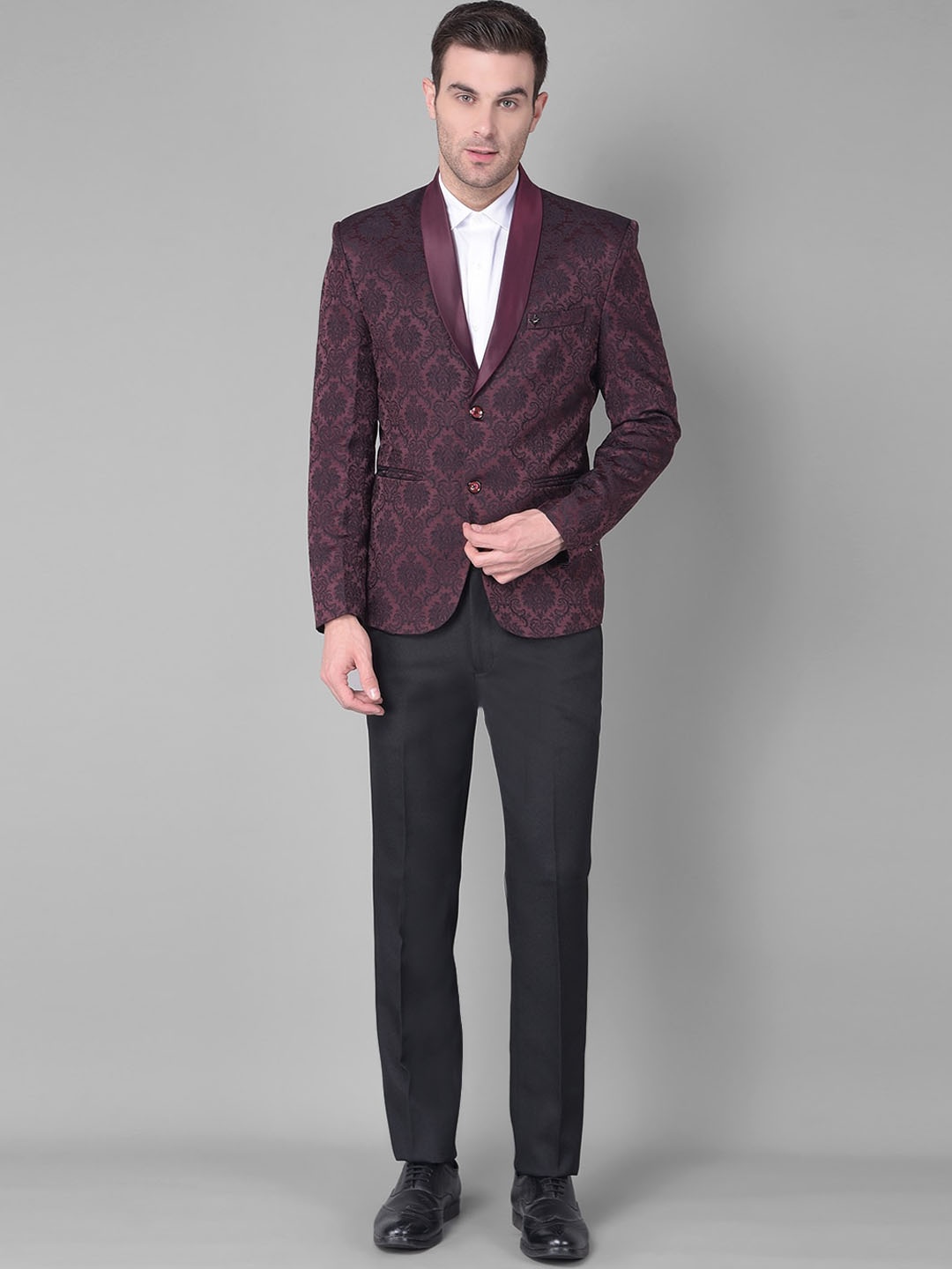 

Canary London Self Designed Slim-Fit Single-Breasted Jacquard Two-Piece Formal Suit, Maroon