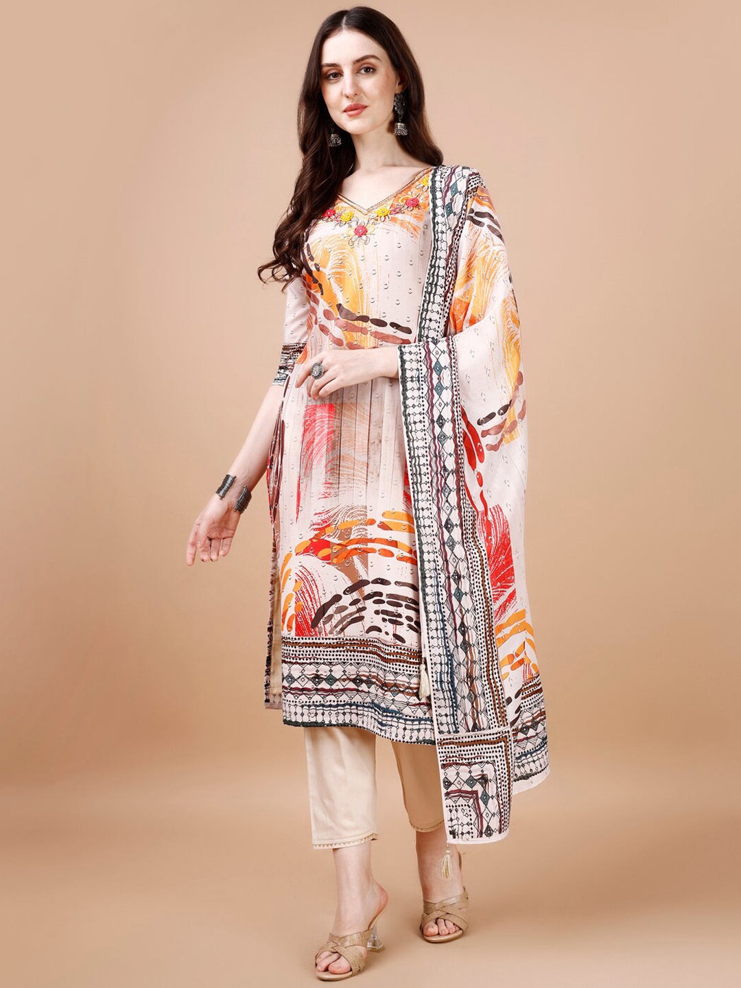 

KALINI Floral Printed Chanderi Silk Kurta with Trousers & Dupatta, Cream