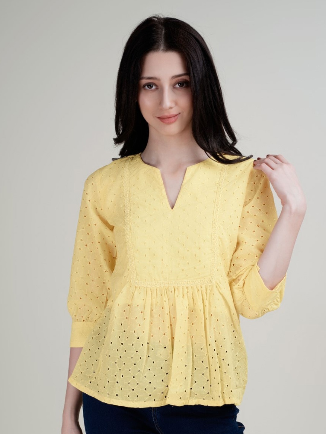 

HOUSE OF MIRA Self Design Schiffli Cotton Peplum Top, Yellow