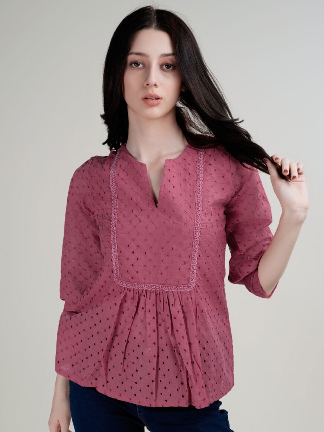 

HOUSE OF MIRA Self Design Cuffed Sleeves Semi Sheer Cotton Top, Rose