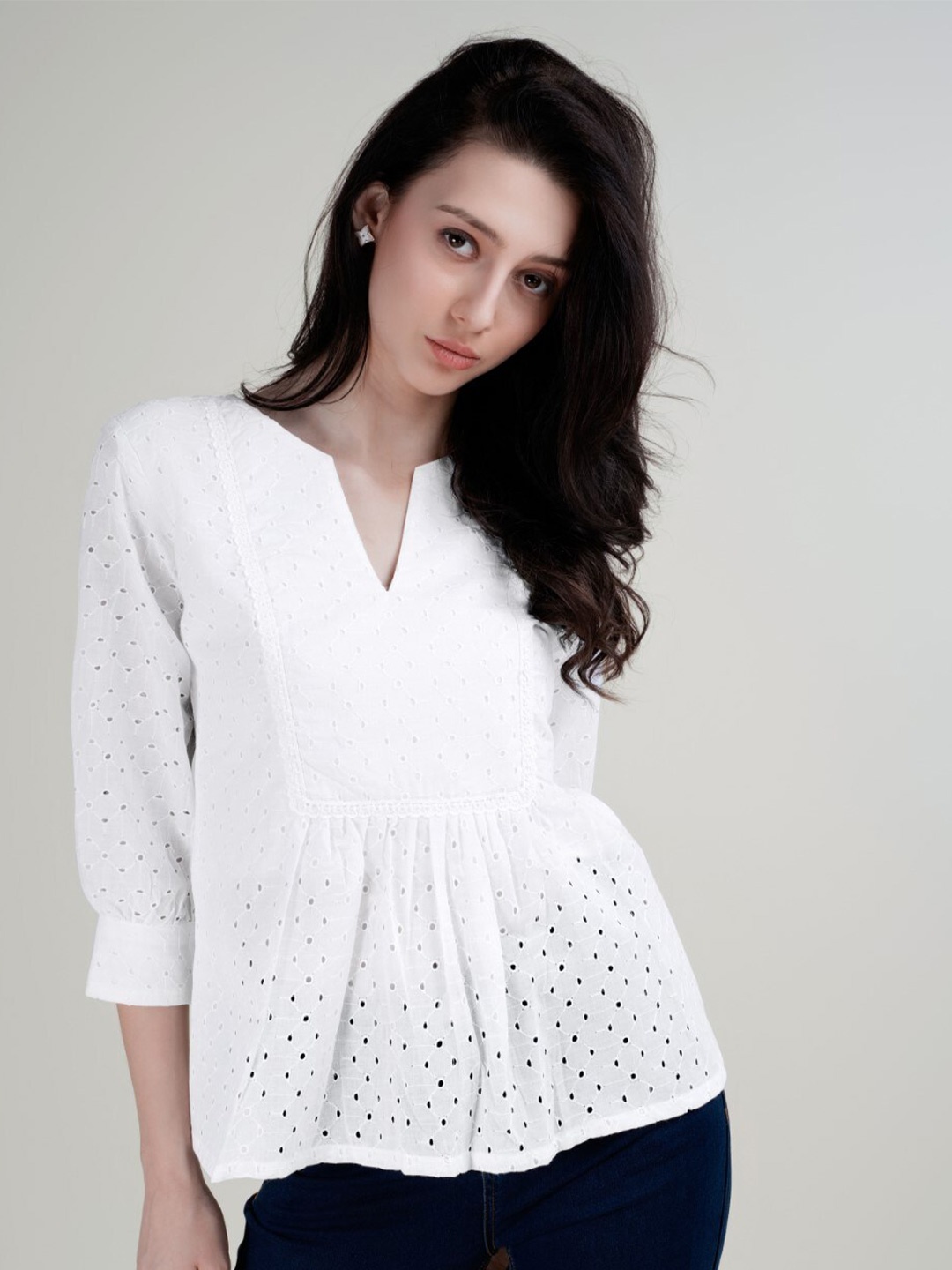 

HOUSE OF MIRA Self Design Cuffed Sleeves Semi Sheer Cotton Top, White