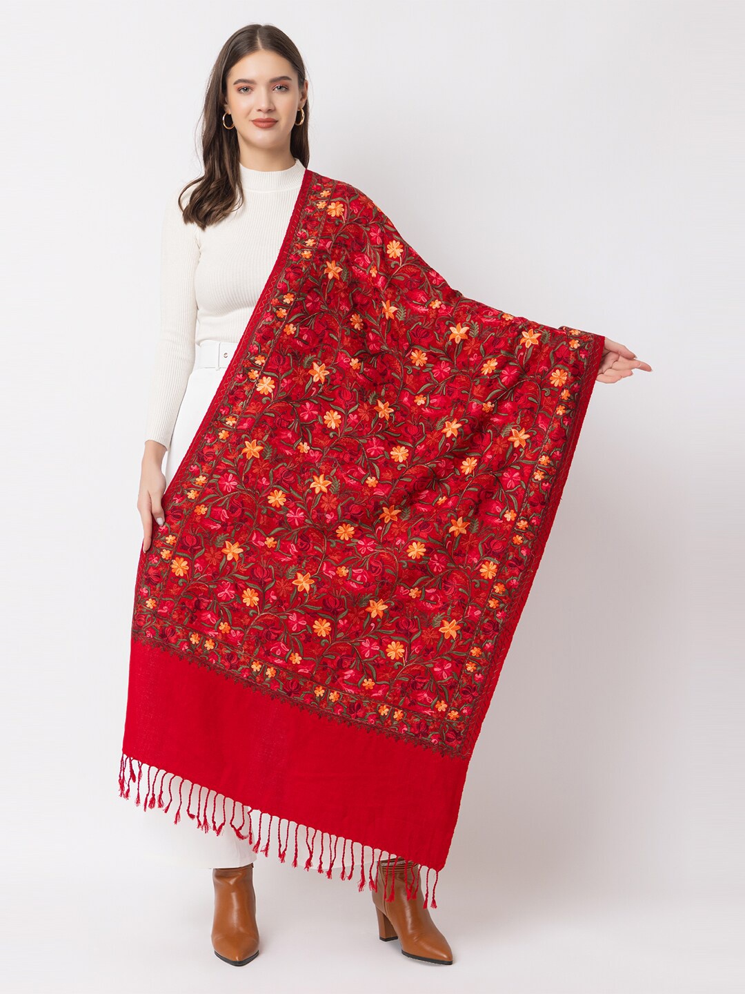 

CASMIR Women Floral Embroidered Thread Work Detailed Shawl, Maroon