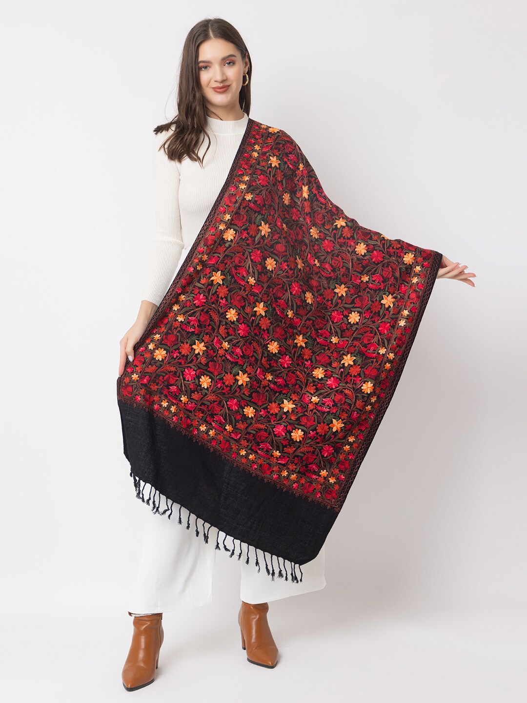 

CASMIR Women Floral Embroidered Thread Work Detailed Shawl, Black