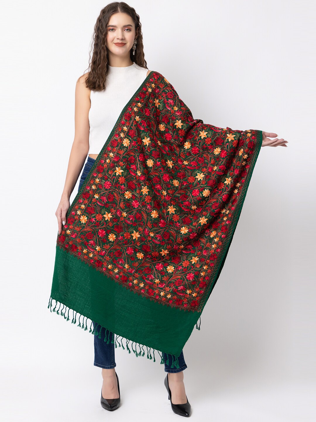 

CASMIR Women Floral Embroidered Thread Work Detailed Shawl, Green
