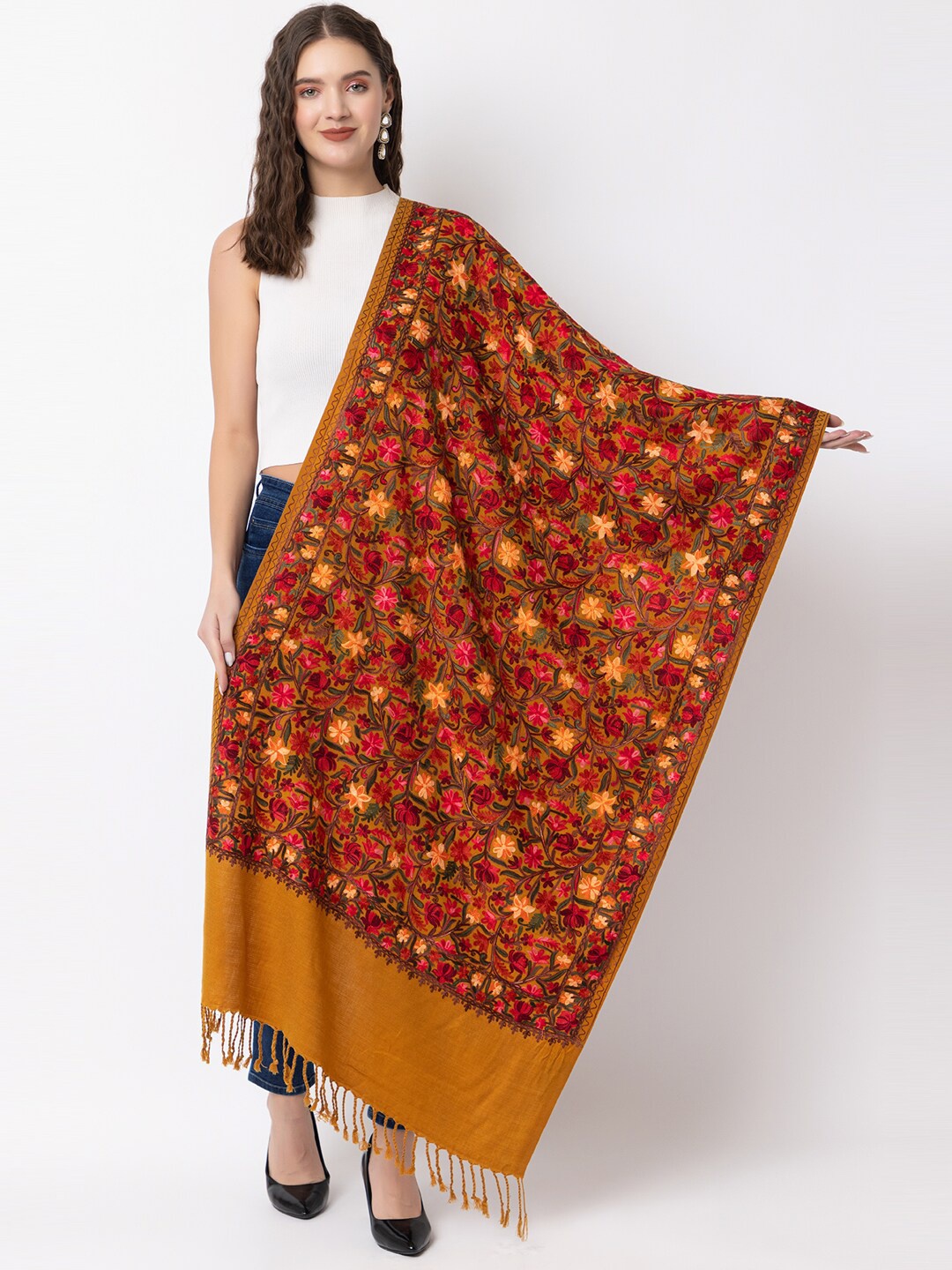 

CASMIR Women Floral Embroidered Thread Work Detailed Shawl, Mustard