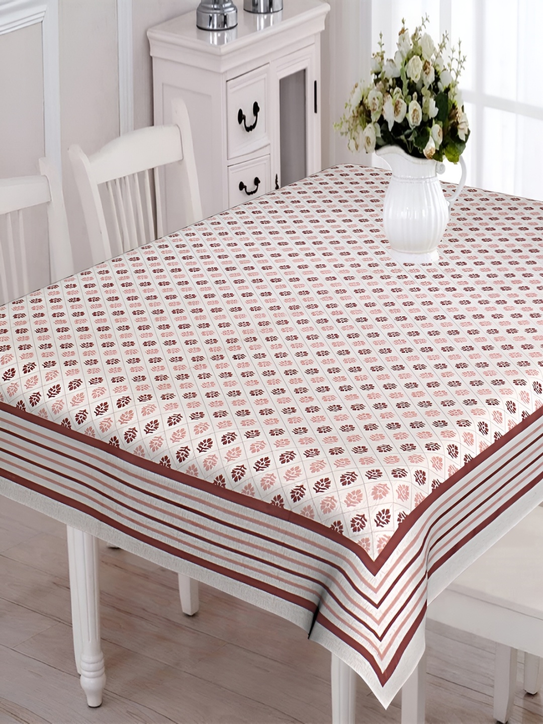 

Texstylers White & Brown Floral Anti-Slip Cotton 6-Seater Table Cover