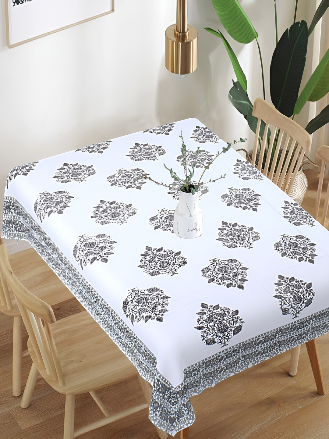 

Texstylers White & Grey Floral Printed Anti-Slip Cotton 6-Seater Table Cover