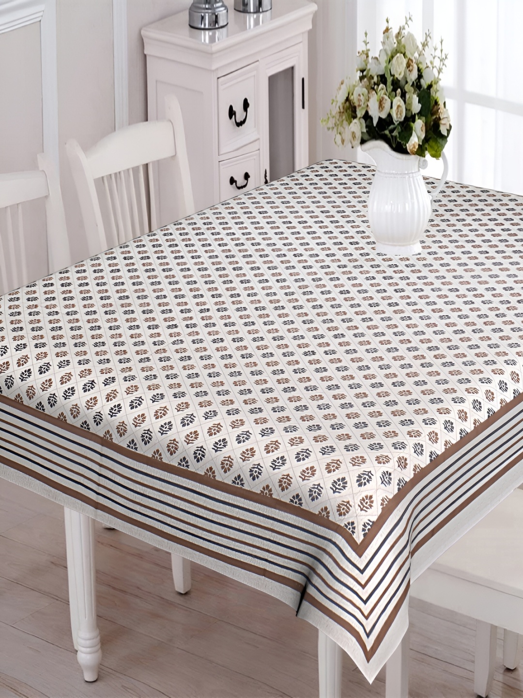 

Texstylers Brown & Grey Floral Printed Anti Slip Cotton 6 Seater Table Cover, Beige