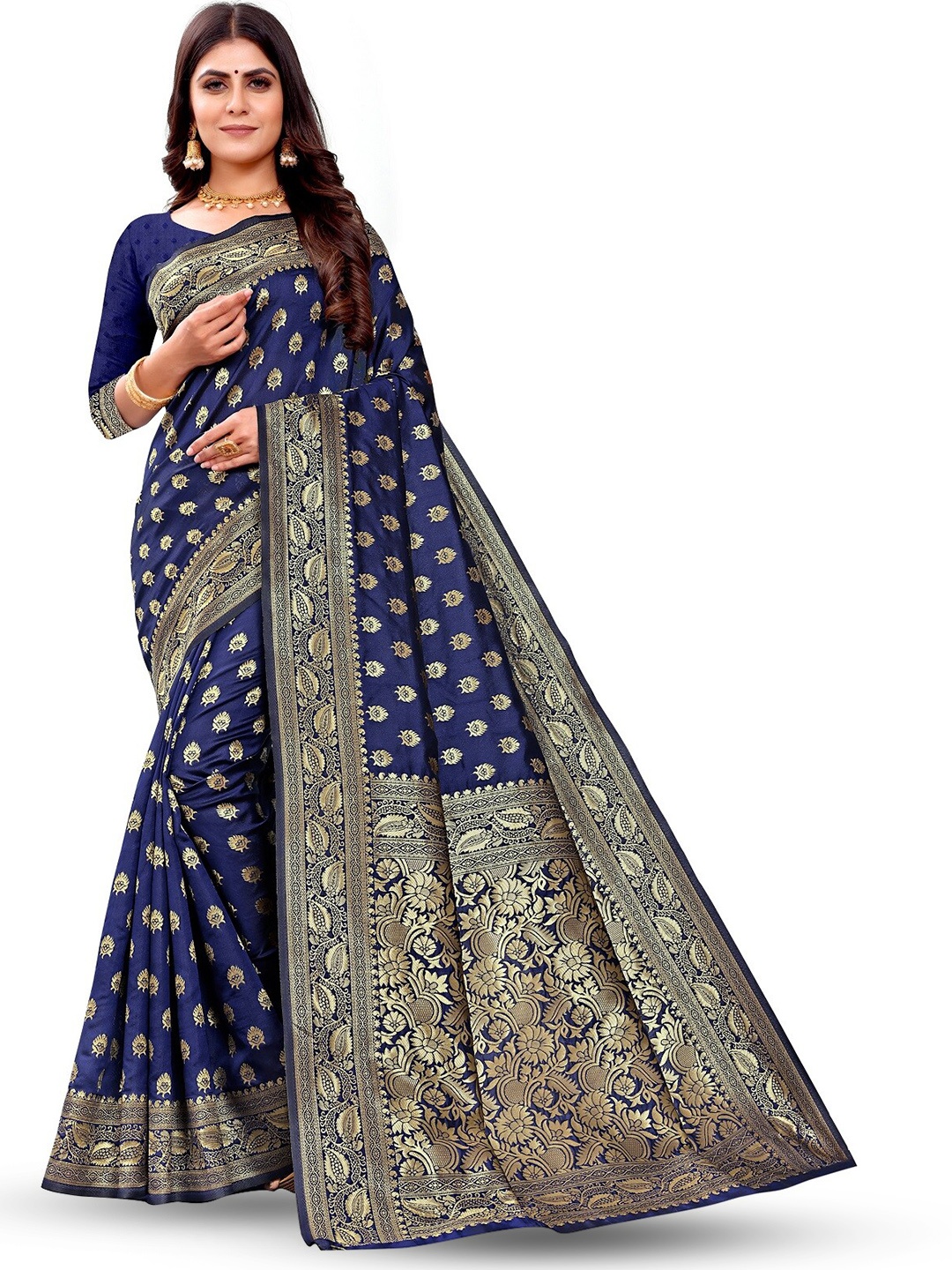 

Shoppershopee Woven Design Zari Art Silk Banarasi Saree, Navy blue