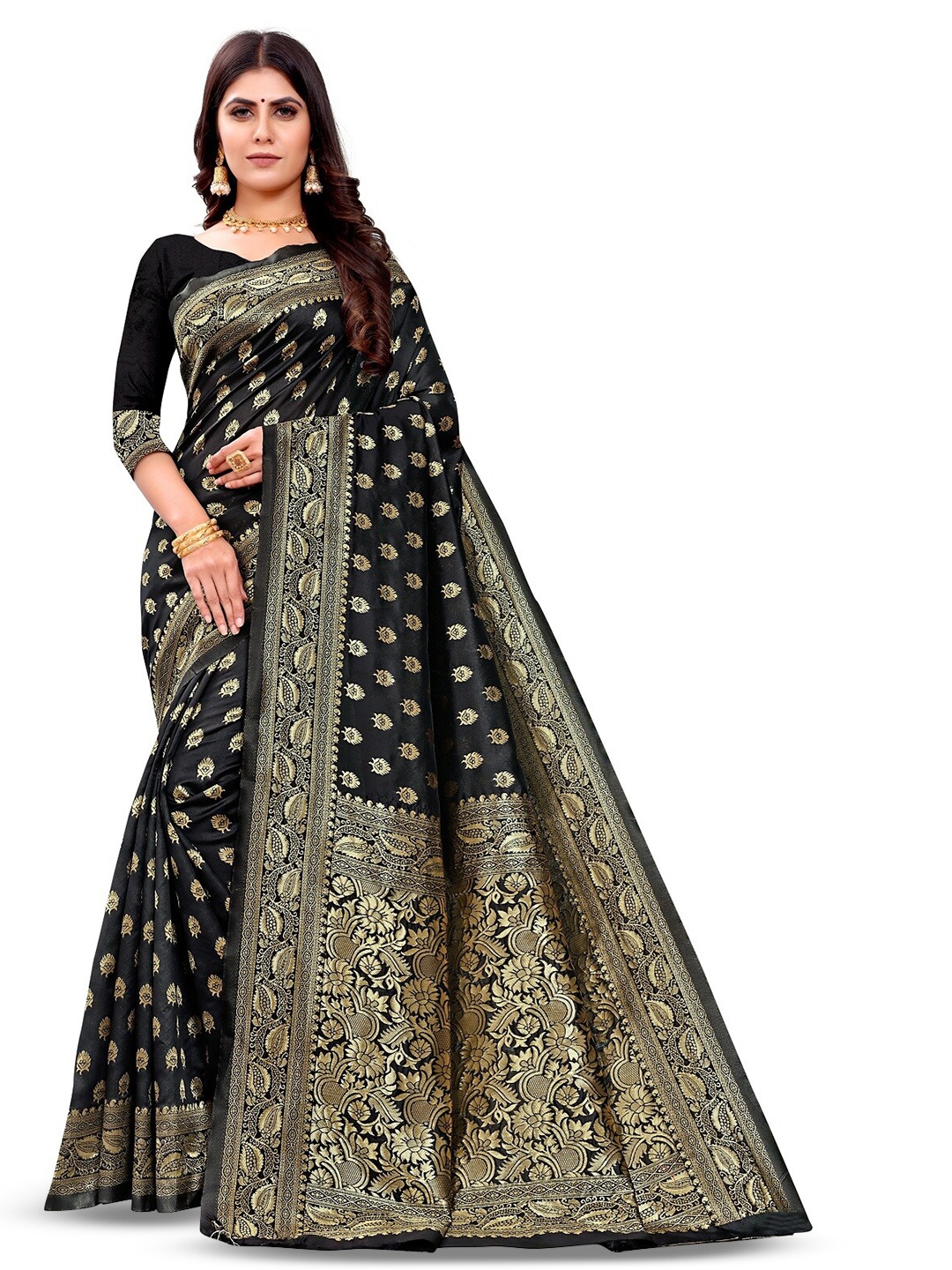 

Shoppershopee Ethnic Motifs Woven Design Zari Art Silk Banarasi Saree, Black