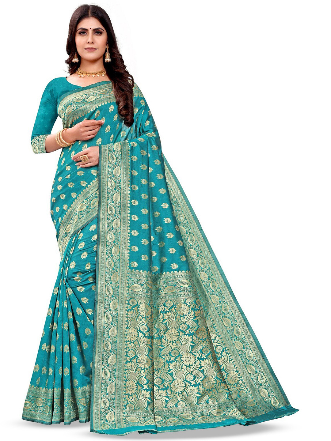 

Shoppershopee Woven Design Zari Art Silk Banarasi Saree, Teal