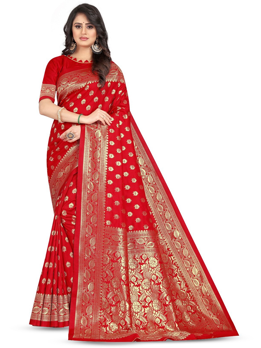 

Shoppershopee Woven Design Zari Art Silk Banarasi Saree, Red