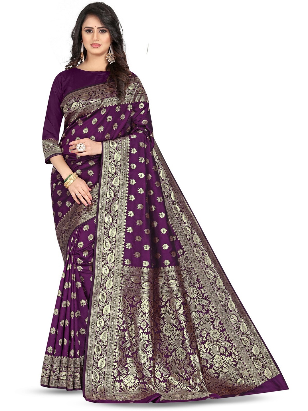 

Shoppershopee Woven Design Zari Art Silk Banarasi Saree, Purple
