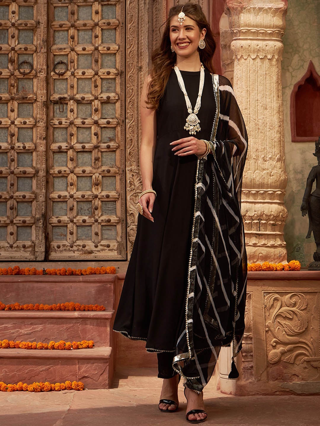 

Meeranshi Anarkali Gotta Patti Kurta with Trousers & With Dupatta, Black